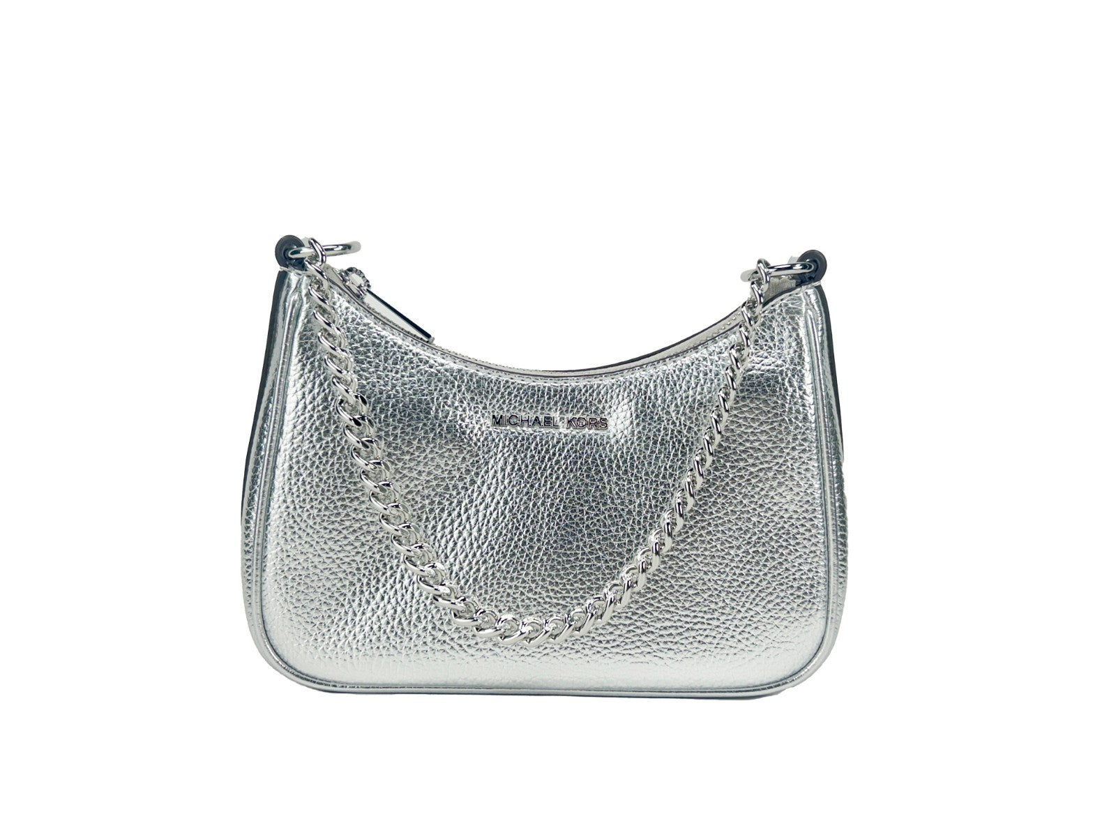 Small Crossbody Handbag by Michael Kors for women in leather silver features a transformative sophistication silhouette, showcasing a secure , ample , and versatile crossbody-strap, adjustable-strap & detachable-strap for a transformative sophistication look.