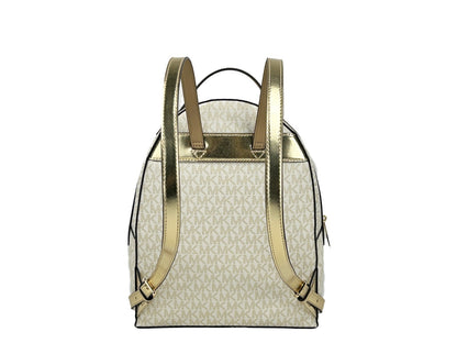 Medium Backpack by Michael Kors for women in faux leather & canvas gold, signature-print & print features a refined silhouette, showcasing the Sheila Faux Leather & Canvas Medium Backpack design with a secure zipper, ample , and versatile backpack-strap & handle.