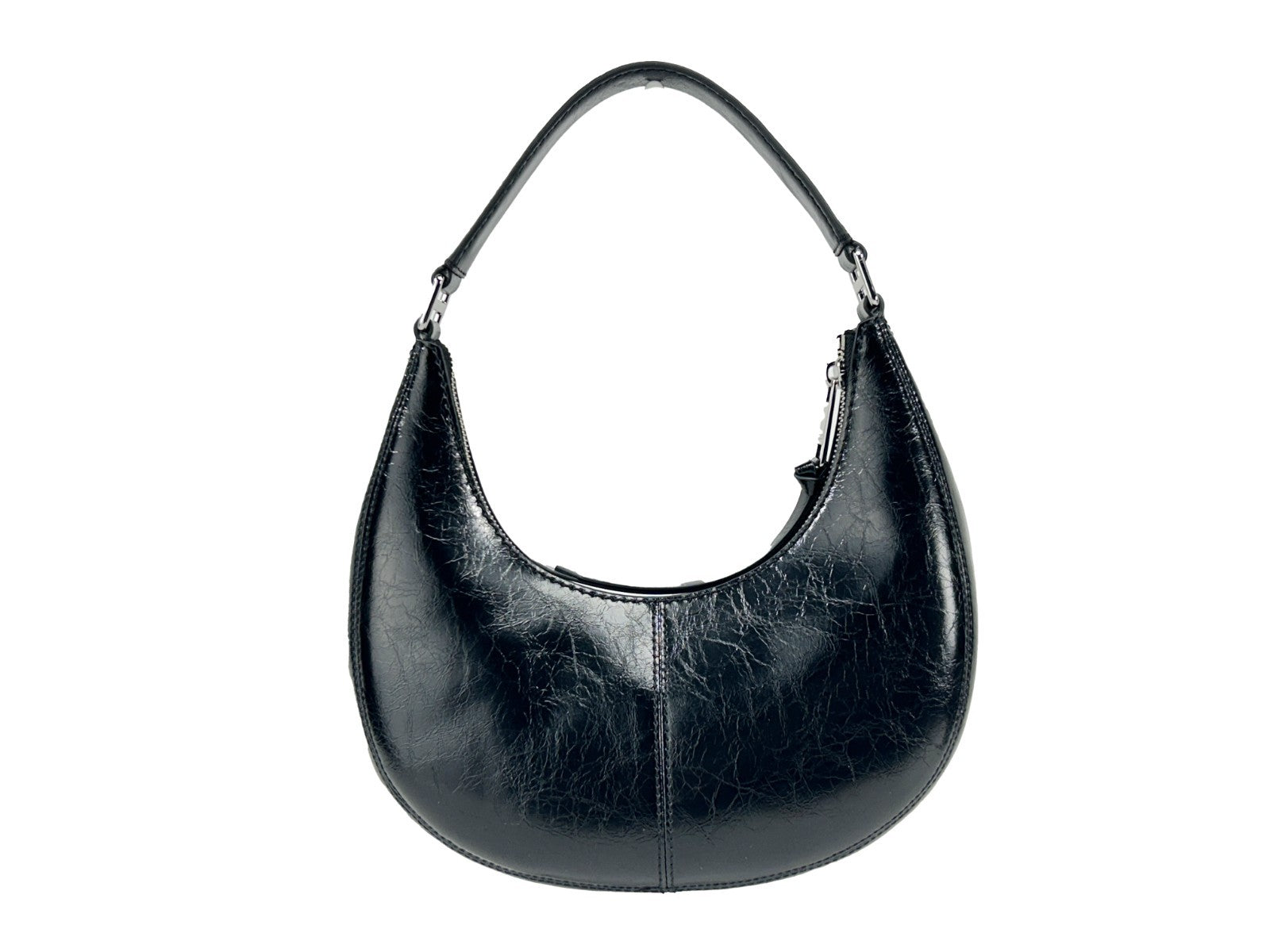 Small Crescent Shoulder Bag by Marc Jacobs for women in leather black & silver showcases a statuesque silhouette, artfully detailed with a secure zipper, organized , and versatile for a statuesque look.