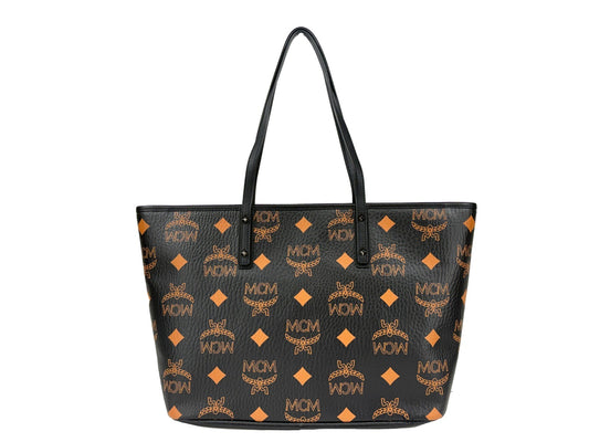 Tote Bag by MCM for women in leather black, silver, signature-print & print features an jet-set-ready silhouette, showcasing the Aren Leather Tote Bag design with a secure , ample , and versatile .