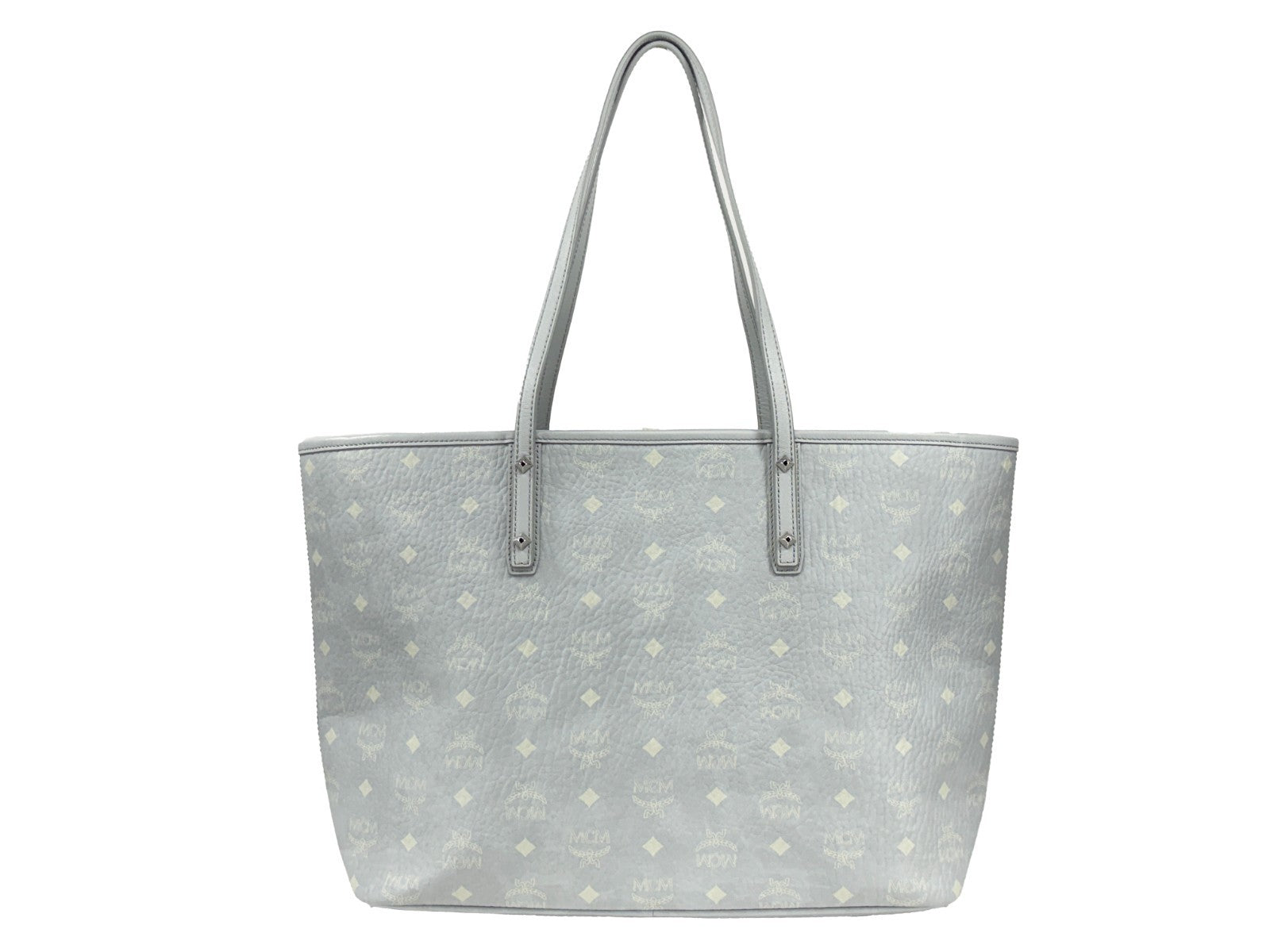 Tote Bag by MCM for women in leather gray, silver, signature-print & print features a jet-set sophisticated Aren Leather Tote Bag design with a secure , ample , and versatile for a jet-set sophisticated finish.