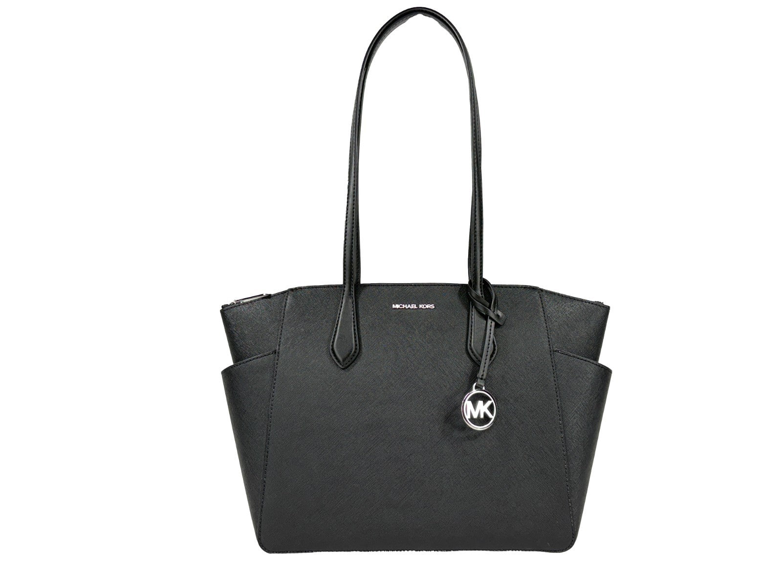Medium Tote Bag by Michael Kors for women in synthetic polyurethane leather black, silver & signature features an jet-set-ready silhouette, showcasing the Marilyn Synthetic Polyurethane Leather Medium Tote Bag design with a secure zipper, ample , and versatile .