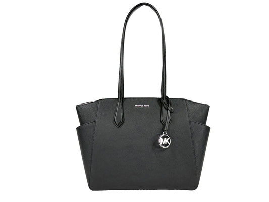 Medium Tote Bag by Michael Kors for women in synthetic polyurethane leather black, silver & signature features an jet-set-ready silhouette, showcasing the Marilyn Synthetic Polyurethane Leather Medium Tote Bag design with a secure zipper, ample , and versatile .