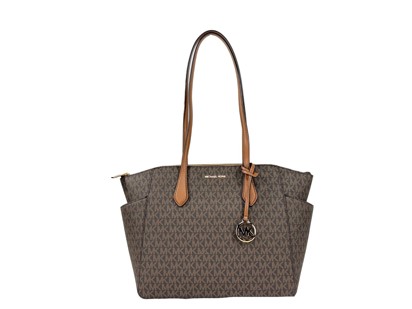 Medium Tote Bag by Michael Kors for women in synthetic polyurethane leather brown, gold & signature features an jet-setting Marilyn Synthetic Polyurethane Leather Medium Tote Bag design with a secure zipper, jet-setting , and versatile for a jet-setting look.