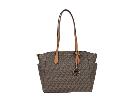Medium Tote Bag by Michael Kors for women in synthetic polyurethane leather brown, gold & signature features an jet-setting Marilyn Synthetic Polyurethane Leather Medium Tote Bag design with a secure zipper, jet-setting , and versatile for a jet-setting look.