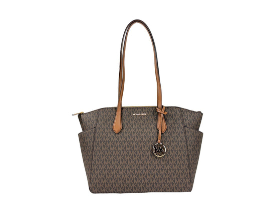 Medium Tote Bag by Michael Kors for women in synthetic polyurethane leather brown, gold & signature features an jet-setting Marilyn Synthetic Polyurethane Leather Medium Tote Bag design with a secure zipper, jet-setting , and versatile for a jet-setting look.