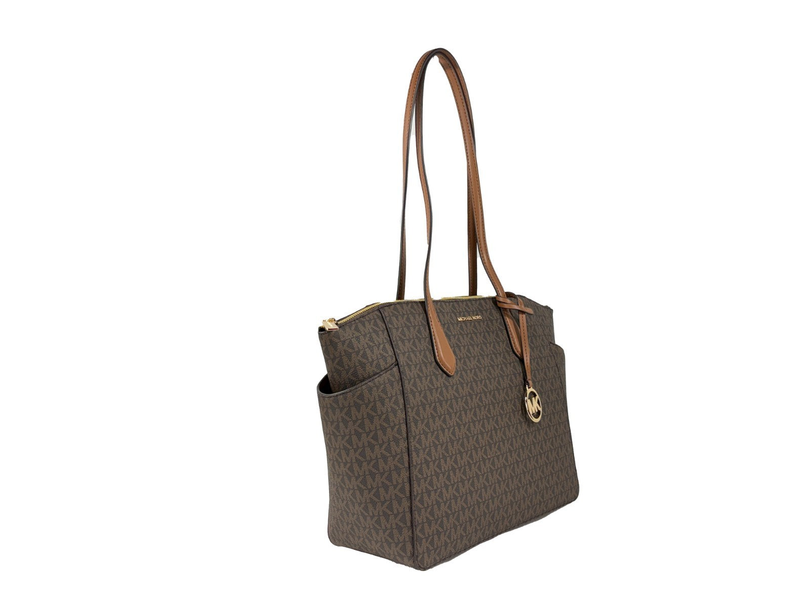 Medium Tote Bag by Michael Kors for women in synthetic polyurethane leather brown, gold & signature features a jet-set sophisticated Marilyn Synthetic Polyurethane Leather Medium Tote Bag design with a secure zipper, ample , and versatile for a jet-set sophisticated finish.