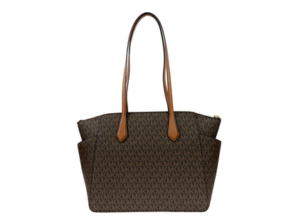 Medium Tote Bag by Michael Kors for women in synthetic polyurethane leather brown, gold & signature showcases a statuesque Marilyn Synthetic Polyurethane Leather Medium Tote Bag design, featuring a secure zipper, ample , and versatile for a statuesque finish.