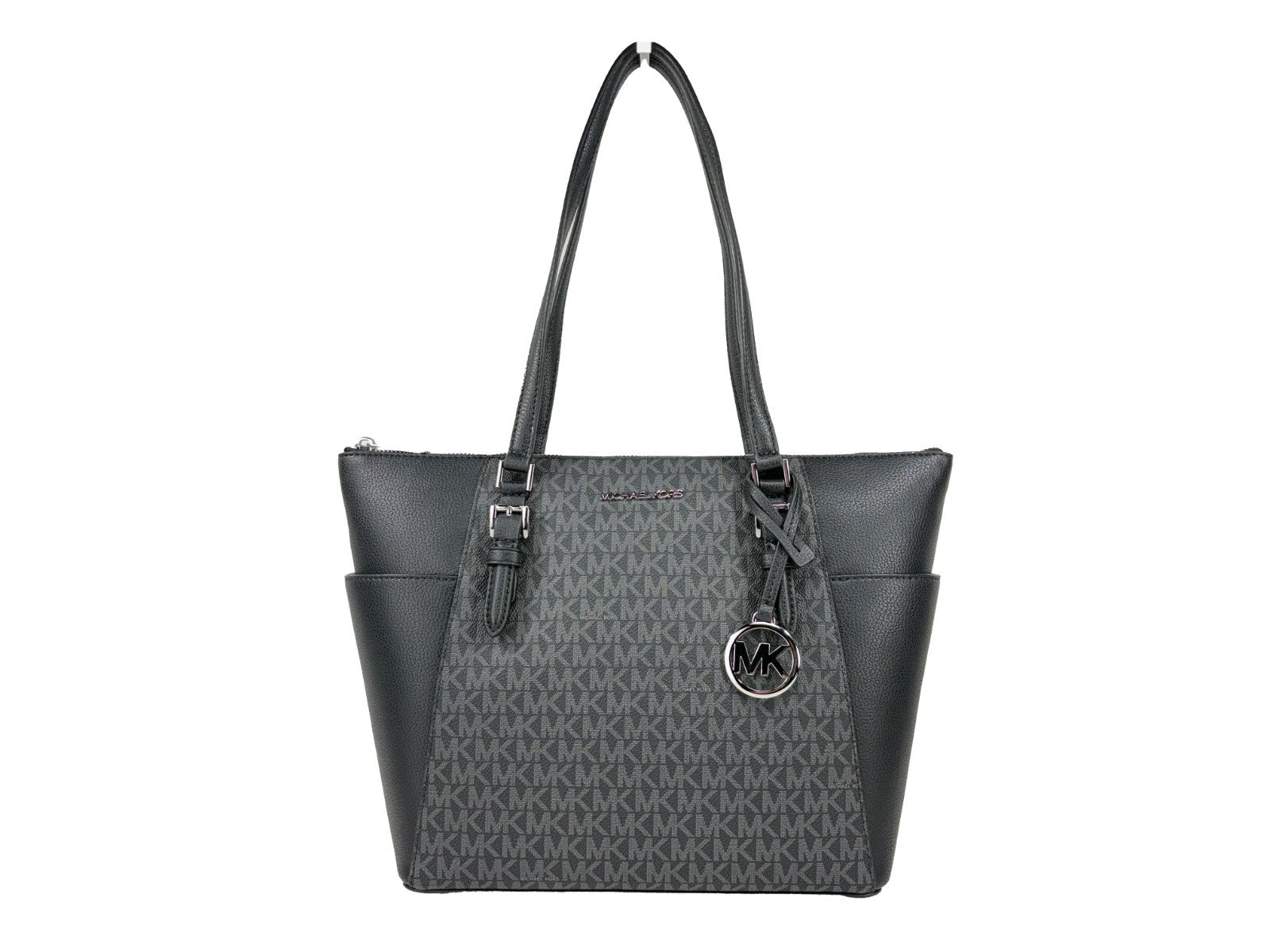 This Tote Bag by Michael Kors for women in leather & rubber black, silver & signature features an jet-set Charlotte Leather & Rubber Tote Bag design with a secure zipper, ample , and jet-set .