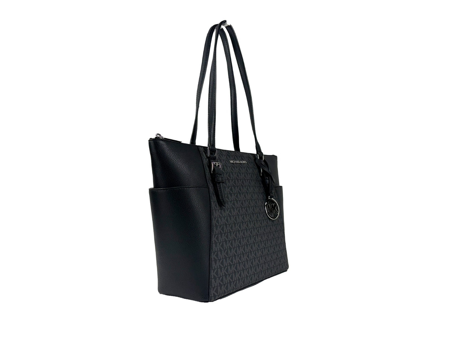 Tote Bag by Michael Kors for women in leather & rubber black, silver & signature showcases a statuesque Charlotte Leather & Rubber Tote Bag design, featuring a secure zipper, ample , and versatile for a statuesque finish.