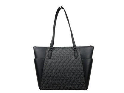 Tote Bag by Michael Kors for women in leather & rubber black, silver & signature features an jet-set-ready silhouette, showcasing the Charlotte Leather & Rubber Tote Bag design with a secure zipper, ample , and versatile .