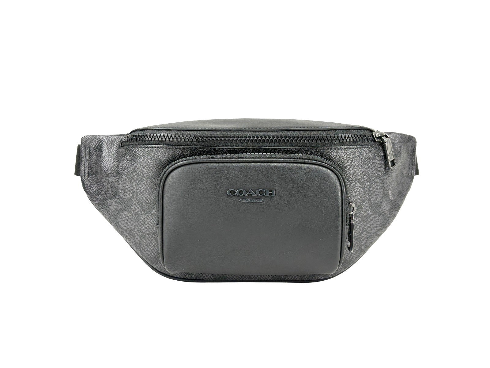 Crossbody Fanny Pack Belt Bag by COACH for women in synthetic polyurethane leather black, charcoal, silver & signature presents a jet-setting Racer Synthetic Polyurethane Leather Crossbody Fanny Pack Belt Bag design with a secure zipper, ample , and versatile crossbody-strap, adjustable-strap & belt-strap for a jet-setting finish.