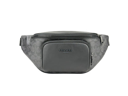 Crossbody Fanny Pack Belt Bag by COACH for women in synthetic polyurethane leather black, charcoal, silver & signature presents a jet-setting Racer Synthetic Polyurethane Leather Crossbody Fanny Pack Belt Bag design with a secure zipper, ample , and versatile crossbody-strap, adjustable-strap & belt-strap for a jet-setting finish.