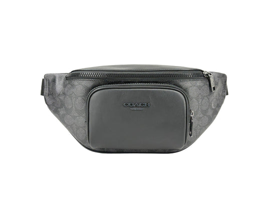 Crossbody Fanny Pack Belt Bag by COACH for women in synthetic polyurethane leather black, charcoal, silver & signature presents a jet-setting Racer Synthetic Polyurethane Leather Crossbody Fanny Pack Belt Bag design with a secure zipper, ample , and versatile crossbody-strap, adjustable-strap & belt-strap for a jet-setting finish.