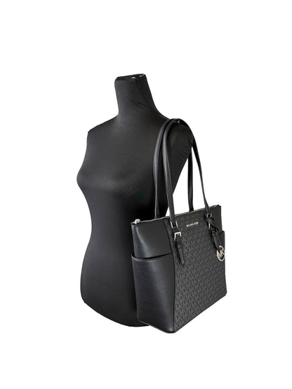 Tote Bag by Michael Kors for women in leather & rubber black, silver & signature features a jet-set sophisticated Charlotte Leather & Rubber Tote Bag design with a secure zipper, ample , and versatile for a jet-set sophisticated finish.