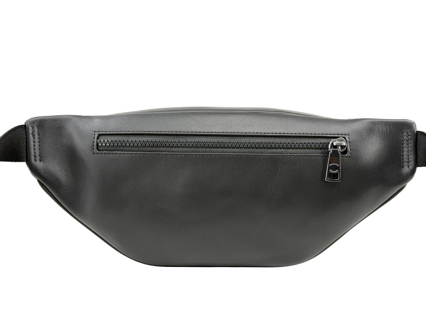 Crossbody Fanny Pack Belt Bag by COACH for women in synthetic polyurethane leather black, charcoal, silver & signature features a jet-setting Racer Synthetic Polyurethane Leather Crossbody Fanny Pack Belt Bag design, showcasing a secure zipper with ample and versatile crossbody-strap, adjustable-strap & belt-strap for a jet-setting finish.