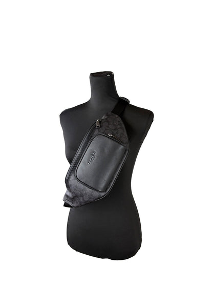 Crossbody Fanny Pack Belt Bag by COACH for women in synthetic polyurethane leather black, charcoal, silver & signature features a jet-setting Racer Synthetic Polyurethane Leather Crossbody Fanny Pack Belt Bag design with a secure zipper, jet-setting , and versatile crossbody-strap, adjustable-strap & belt-strap for a jet-setting look.