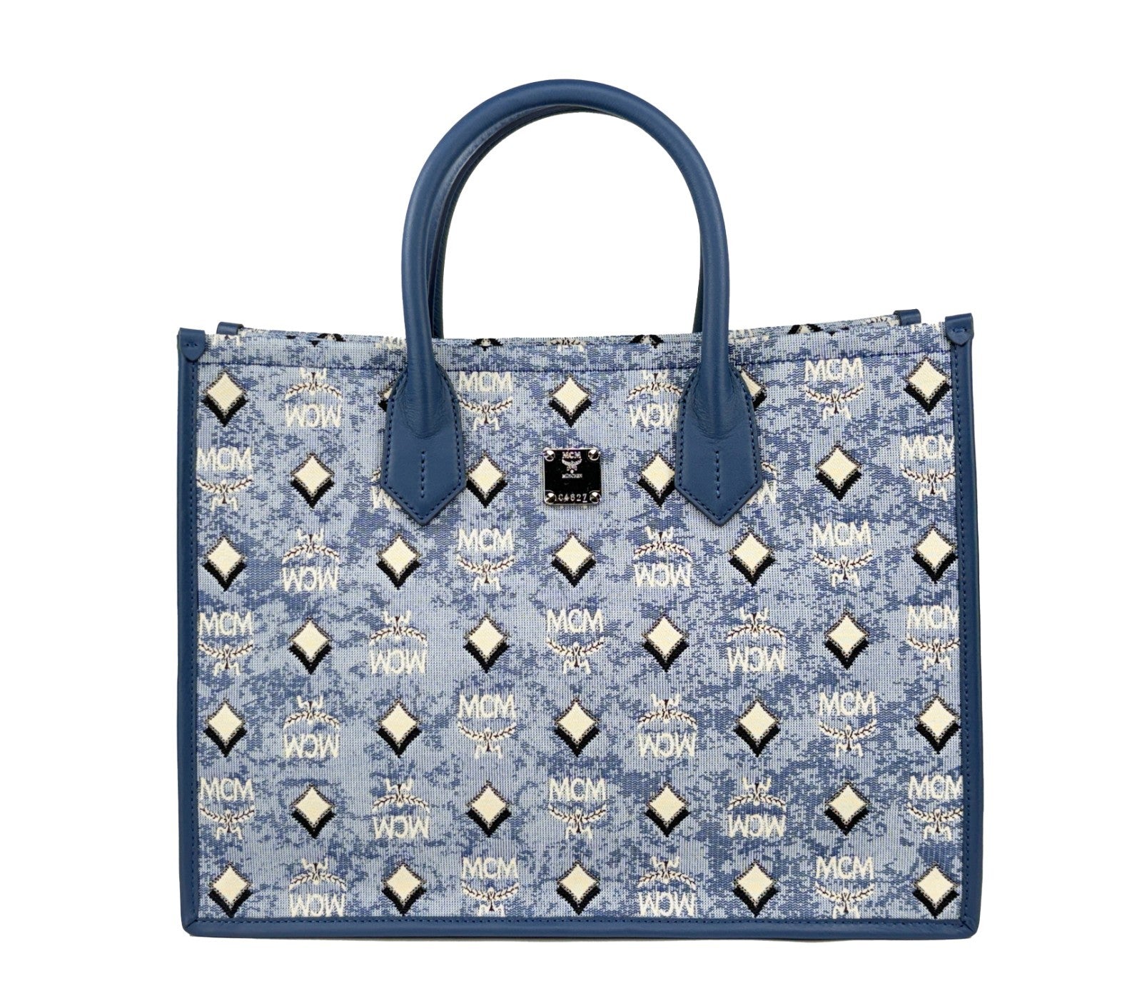 Tote Bag by MCM for women in cotton polyester canvas blue, silver, signature-print & print features an jet-set-ready silhouette, showcasing the Aren Cotton Polyester Canvas Tote Bag design with a secure , ample , and versatile .