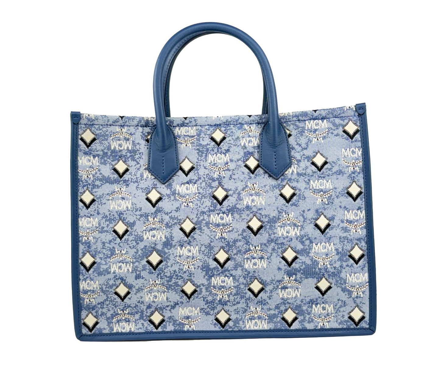 This Tote Bag by MCM for women in cotton polyester canvas blue, silver, signature-print & print features an jet-set Aren Cotton Polyester Canvas Tote Bag design with a secure , ample , and jet-set .