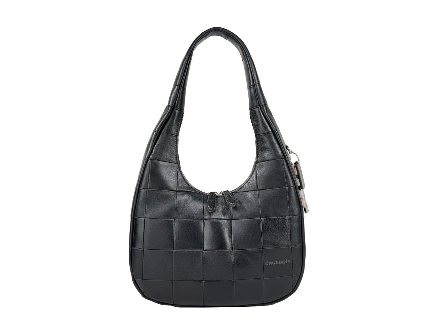 Shoulder Crescent Bag by COACH for women in leather black & silver features a effortless sophistication silhouette, secured by a snap & zipper with ample and versatile shoulder-strap for a effortless sophistication finish.