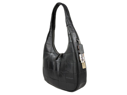 Shoulder Crescent Bag by COACH for women in leather black & silver presents a statuesque silhouette, showcasing a secure snap & zipper and statuesque with versatile shoulder-strap for a sophisticated look.