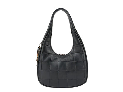 Shoulder Crescent Bag by COACH for women in leather black & silver features a stately silhouette, showcasing a secure snap & zipper, ample , and stately shoulder-strap for a stately finish.