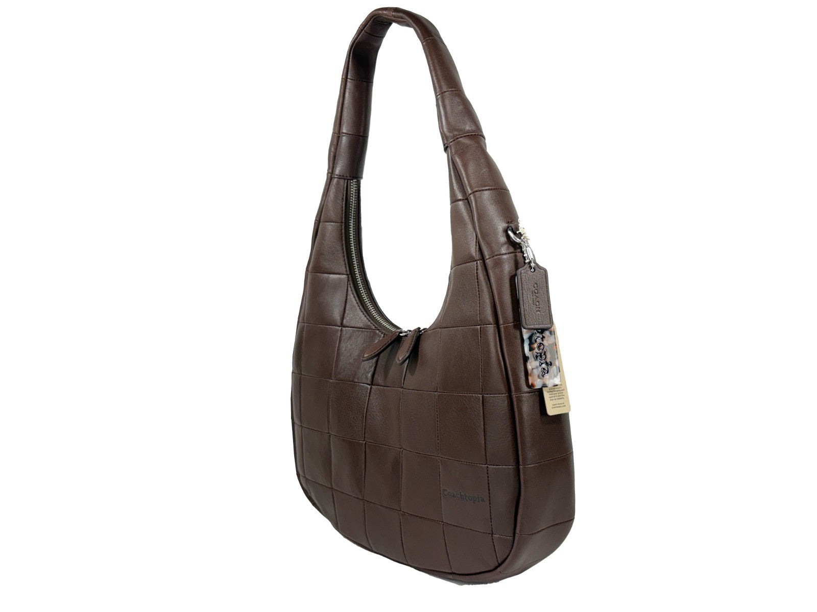 Shoulder Crescent Bag by COACH for women in leather silver showcases a statuesque silhouette, artfully detailed with a secure snap & zipper, organized , and versatile shoulder-strap for a statuesque look.