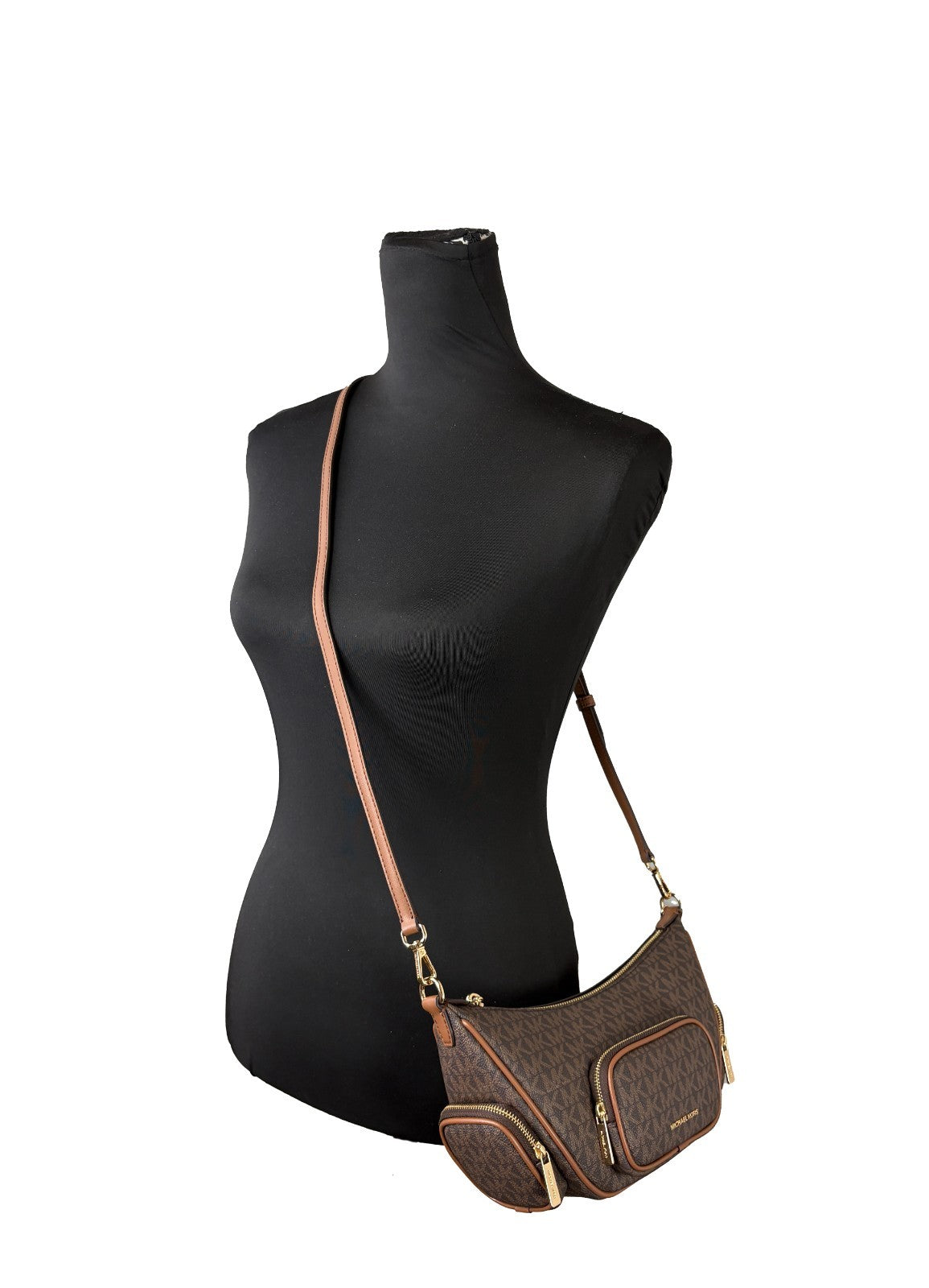 Small Crossbody Handbag by Michael Kors for women in synthetic polyurethane leather brown & gold features a transformative sophistication silhouette, showcasing a secure zipper, ample , and versatile crossbody-strap & adjustable-strap for a transformative sophistication look.