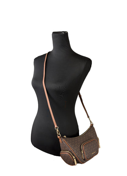 Small Crossbody Handbag by Michael Kors for women in synthetic polyurethane leather brown & gold features a transformative sophistication silhouette, showcasing a secure zipper, ample , and versatile crossbody-strap & adjustable-strap for a transformative sophistication look.
