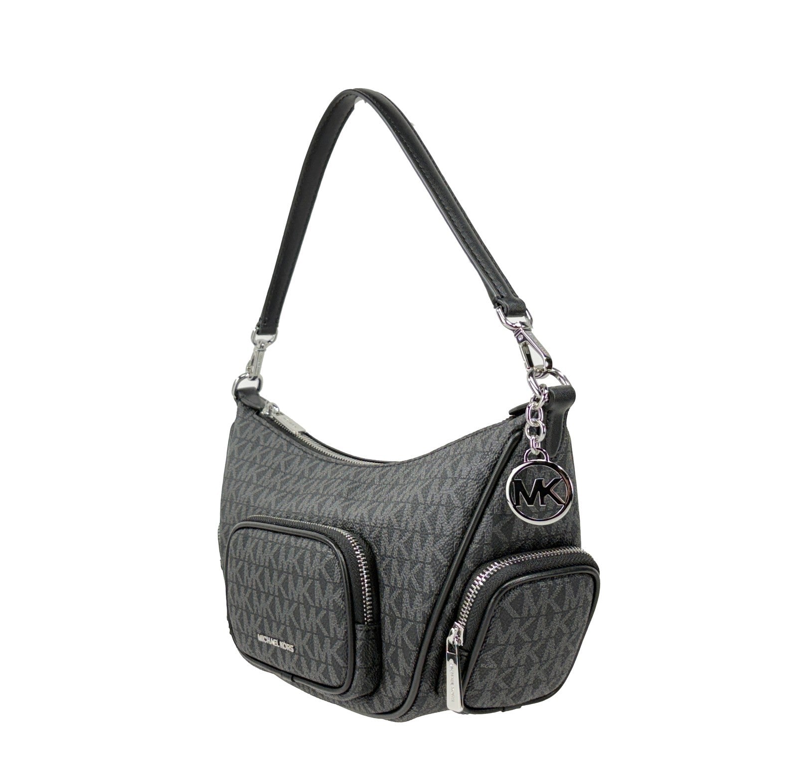 Small Crossbody Handbag by Michael Kors for women in synthetic polyurethane leather black & silver features a versatile chic silhouette, meticulously detailed with a secure zipper, ample , and versatile crossbody-strap & adjustable-strap.