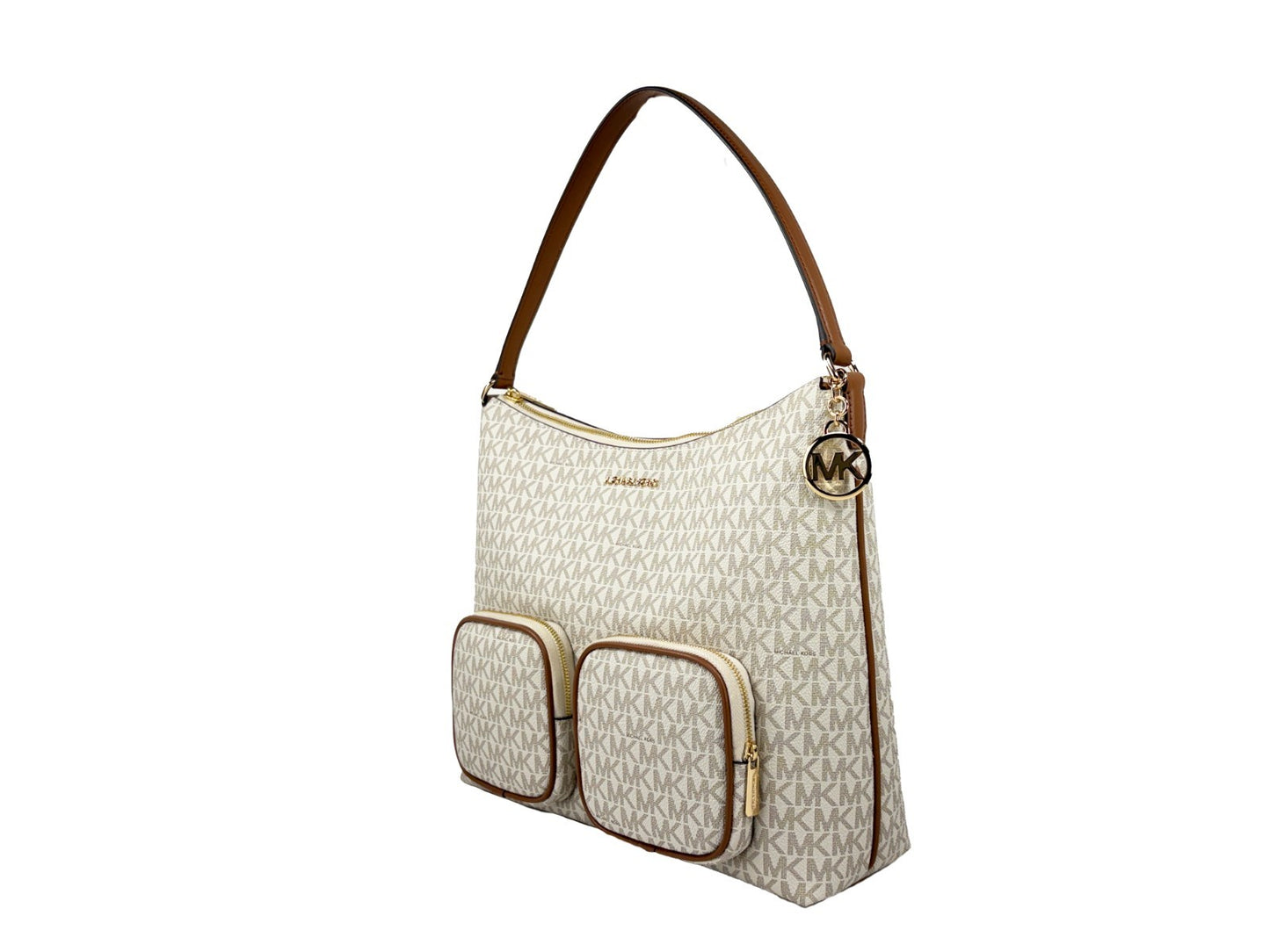 Large Shoulder Bag by Michael Kors for women in synthetic polyurethane leather gold, signature-print & print showcases a statuesque silhouette, artfully detailed with a secure zipper, organized , and versatile shoulder-strap for a statuesque look.