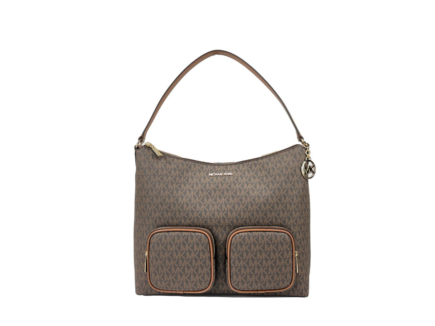 Large Shoulder Bag by Michael Kors for women in synthetic polyurethane leather brown, gold, signature-print & print features a effortless chic silhouette with a secure zipper, ample , and versatile shoulder-strap for a effortless chic finish.
