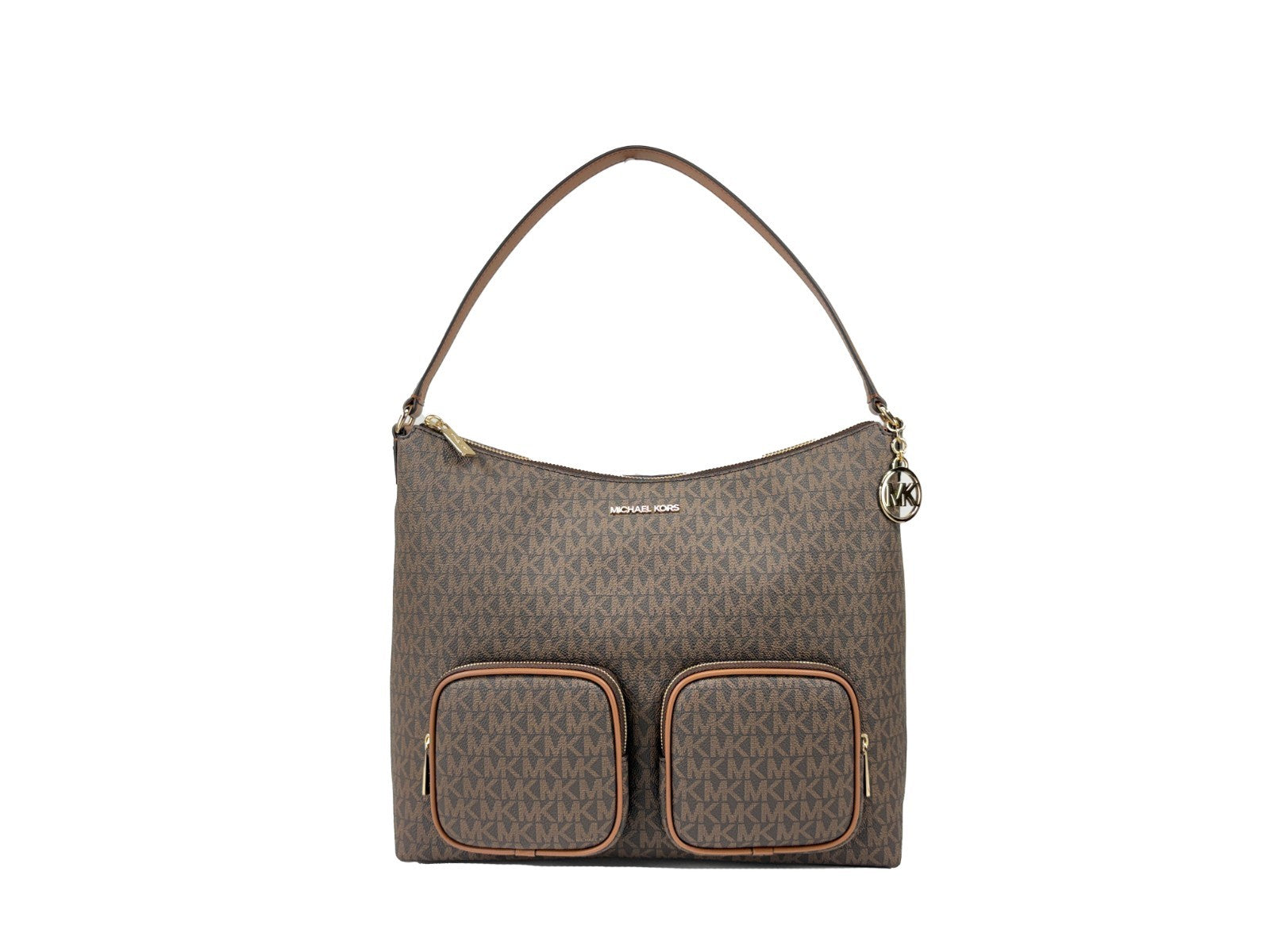 Large Shoulder Bag by Michael Kors for women in synthetic polyurethane leather brown, gold, signature-print & print features a effortless chic silhouette with a secure zipper, ample , and versatile shoulder-strap for a effortless chic finish.