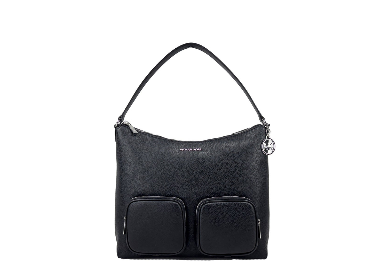 Large Shoulder Bag by Michael Kors for women in pebbled leather black & gold features a statuesque silhouette, showcasing a secure zipper and statuesque with versatile shoulder-strap for a statuesque finish.