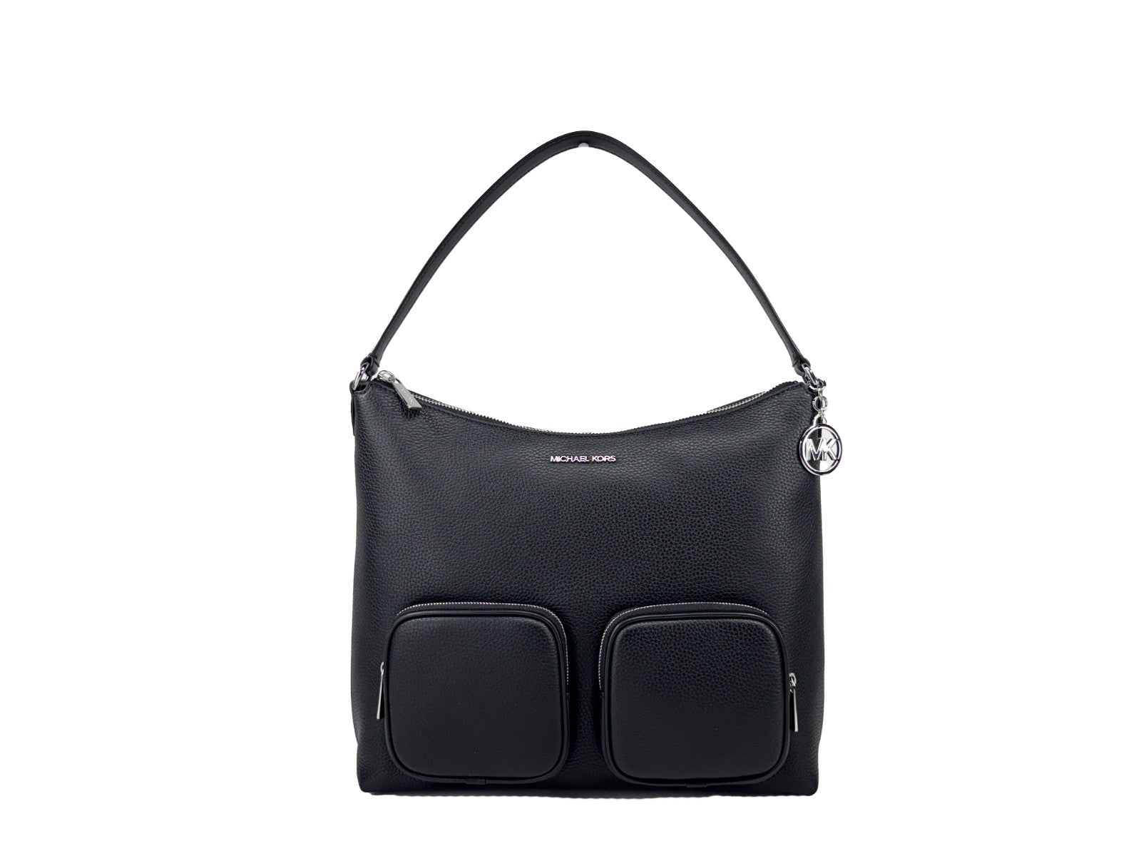 Large Shoulder Bag by Michael Kors for women in pebbled leather black & gold features a statuesque silhouette, showcasing a secure zipper and statuesque with versatile shoulder-strap for a statuesque finish.