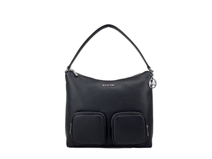 Large Shoulder Bag by Michael Kors for women in pebbled leather black & gold features a statuesque silhouette, showcasing a secure zipper and statuesque with versatile shoulder-strap for a statuesque finish.