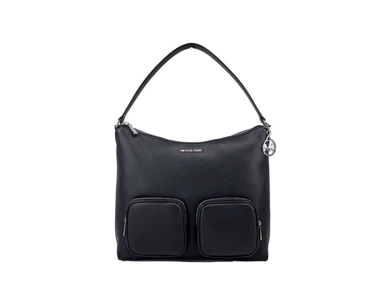 Large Shoulder Bag by Michael Kors for women in pebbled leather black & gold features a statuesque silhouette, showcasing a secure zipper and statuesque with versatile shoulder-strap for a statuesque finish.
