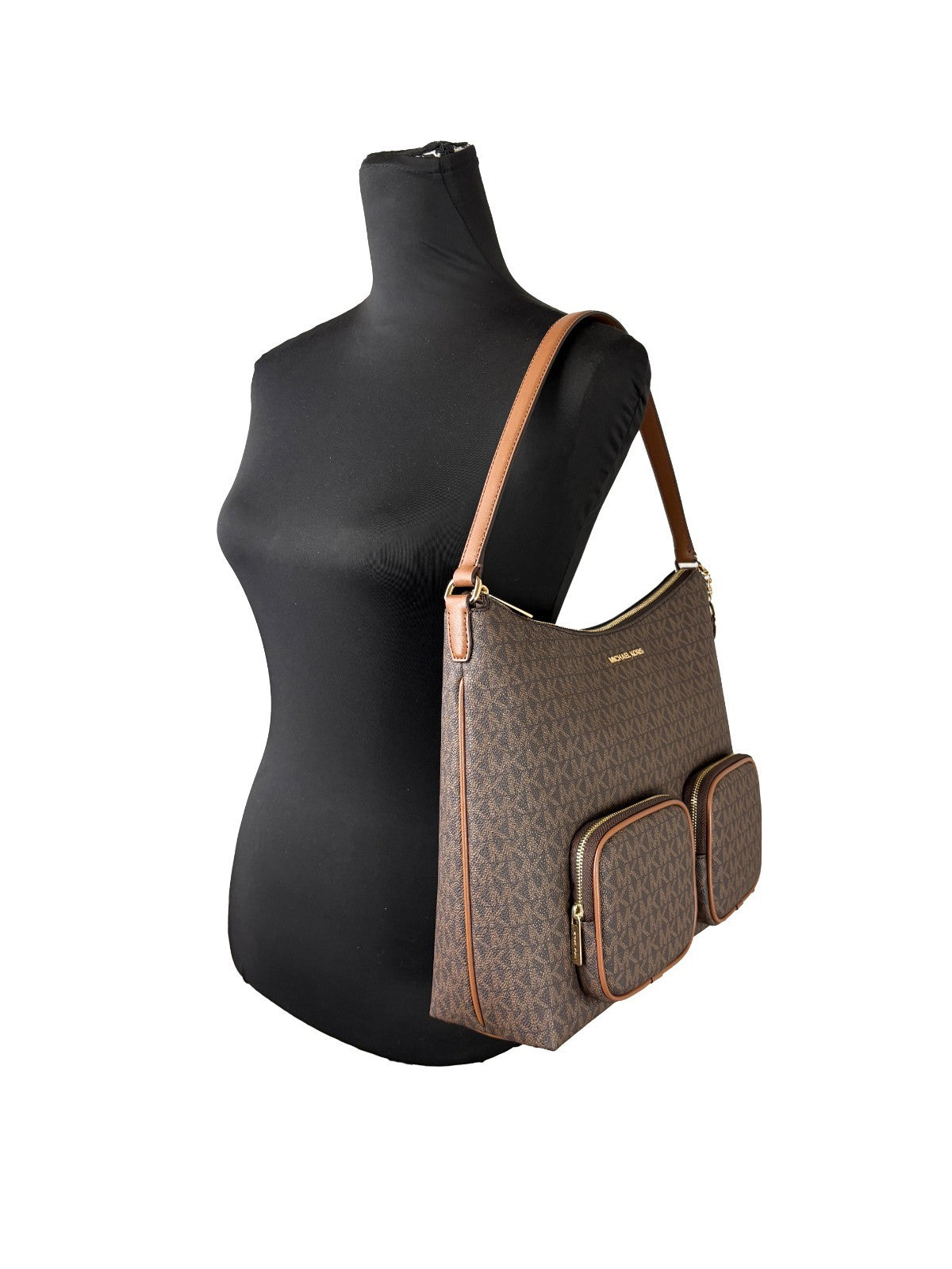 Large Shoulder Bag by Michael Kors for women in synthetic polyurethane leather brown, gold, signature-print & print presents a statuesque silhouette, showcasing a secure zipper and statuesque with versatile shoulder-strap for a sophisticated look.