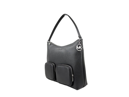 Large Shoulder Bag by Michael Kors for women in pebbled leather black & gold features a stately silhouette, showcasing a secure zipper, ample , and stately shoulder-strap for a stately finish.