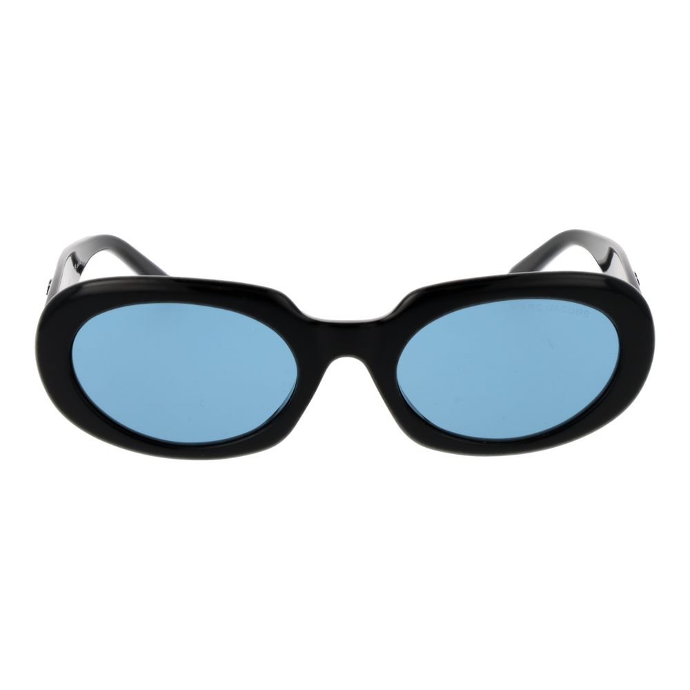 Sunglasses by Marc Jacobs for women in plastic and black featuring an opulent full-rim oval frame design with a sophisticated black coloured frame finish and high-performance non-polarized category-2-medium-tint lens.