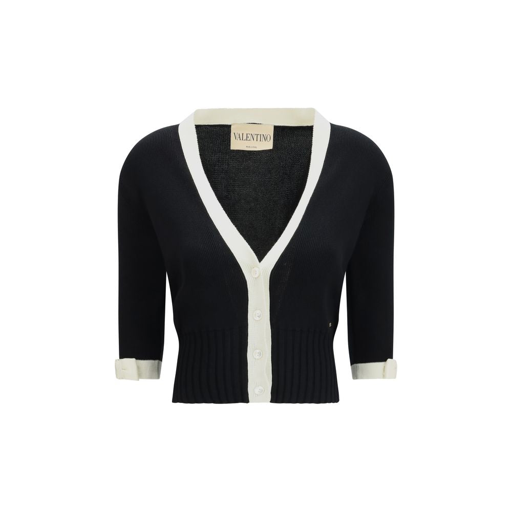 Cardigan by Valentino Garavani for women in cotton bicolour, black, gold & pearl features an crisp silhouette, showcasing a sophisticated v-neck neckline and detail for a truly crisp finish.
