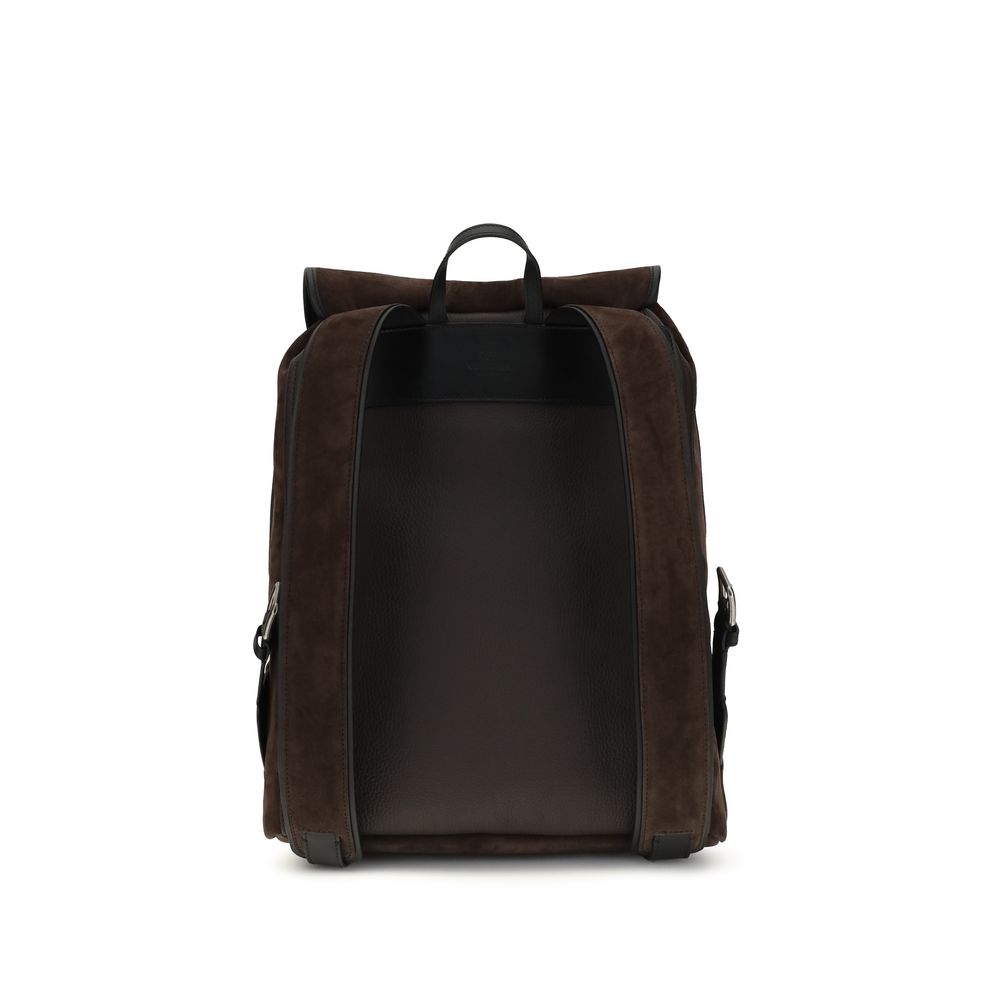 Backpack by Valentino Garavani for men in bos taurus suede calf leather brown, palladium & signature features a fashionable silhouette, showcasing the Antibes V Logo Bos Taurus Suede Calf Leather Backpack design with a secure buckle, ample external-pockets, and versatile backpack-strap & adjustable-strap.