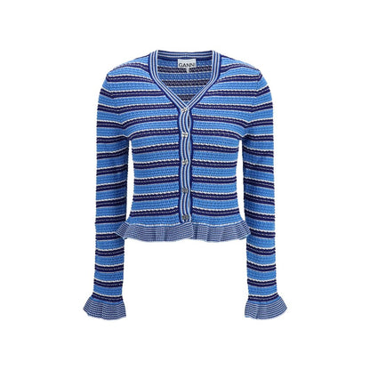 Cardigan by Ganni for women in cotton blue, patterned & striped features an crisp silhouette, showcasing a sophisticated v-neck neckline and detail for a truly crisp finish.