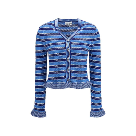 Cardigan by Ganni for women in cotton blue, patterned & striped features an crisp silhouette, showcasing a sophisticated v-neck neckline and detail for a truly crisp finish.