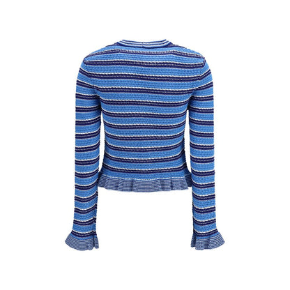 Cardigan by Ganni for women in cotton blue, patterned & striped features an impeccable silhouette, showcasing a sophisticated v-neck neckline and detail for a truly impeccable finish.