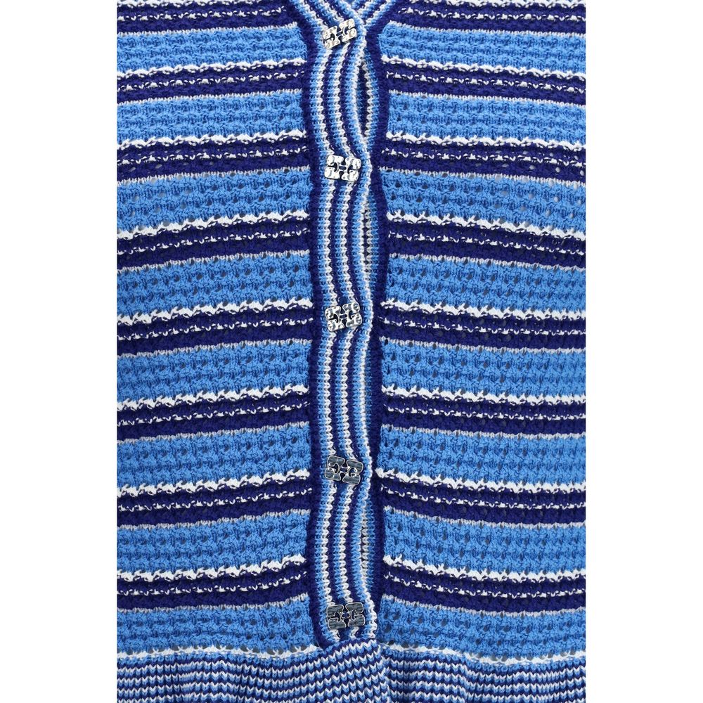 Cardigan by Ganni for women in cotton blue, patterned & striped showcases a captivating silhouette, artfully detailed with a captivating and for a truly sophisticated captivating look.