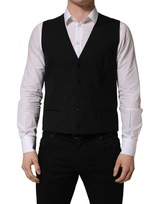 Vest by Dolce & Gabbana for men in virgin wool viscose & cupro black features an contemporary silhouette, showcasing refined and a contemporary wrap single-breasted neckline for a sophisticated layered look.