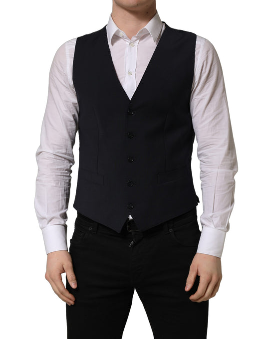 Vest by Dolce & Gabbana for men in polyester & wool black features a chic silhouette, expertly detailed with a refined wrap single-breasted neckline and premium for a truly chic look.