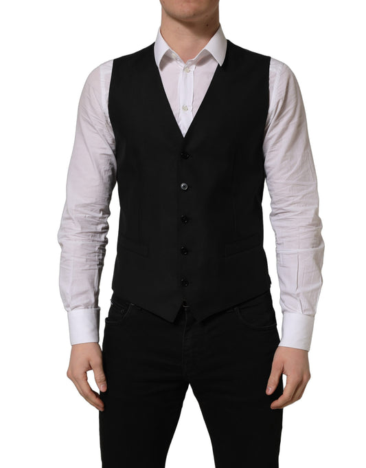 Vest by Dolce & Gabbana for men in virgin wool silk viscose & cupro black features a stylish silhouette, showcasing distinct and a refined wrap single-breasted neckline for a truly stylish finish.