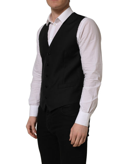 Dolce & Gabbana Men's Single Breasted Virgin Wool Silk Viscose & Cupro Vest - Black
